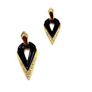Vintage Oscar de la Renta signed ClipOn Earrings Black Enamel Gold-Tone Crystal